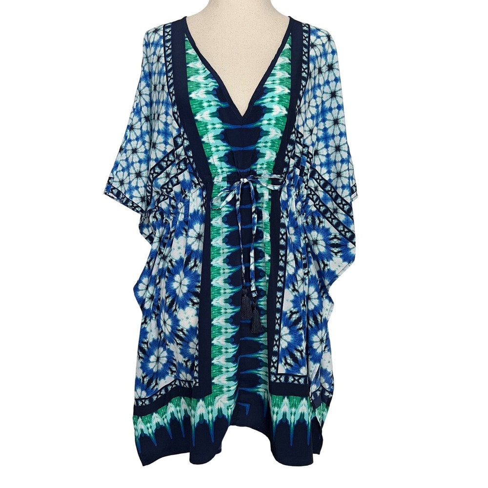 Tommy Bahama Women's Size L/XL Pull On Kaftan Cover Up Blue Green Tie Dye Ikat